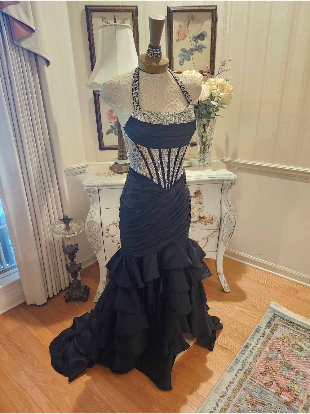Black & Silver Sequin Mermaid Train Pageant Gala Dress Gown S